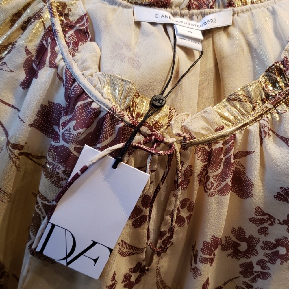 DVF New 'Rebekah' SILK Gold Metallic Printed Top Blouse NWT Women's 10 CHIC 🎉HP - Picture 6 of 14
